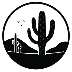 Black and White Desert Cactus Silhouette Circle Logo Design Graphic Art Print Vector Illustration