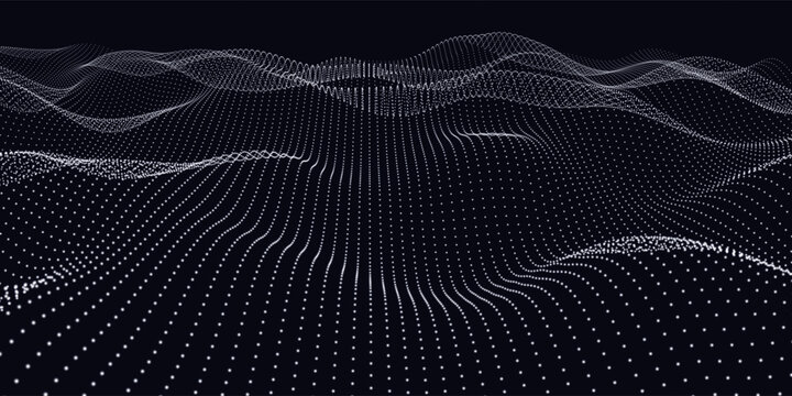 Points in lines wavy on noise surface. Abstract dots on dark background. Technology cyberspace concept.