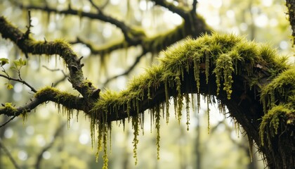 Naklejka premium Lush Green Moss Drapes a Forest Branch