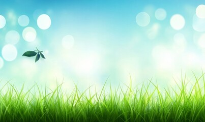 Obraz premium Green grass, blue sky, spring blurred bokeh background
