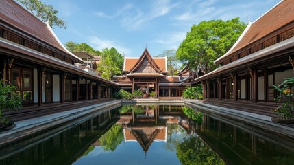 Fototapeta premium Serene Traditional Thai Courtyard with Teak Partitions and Reflective Pond under Multi-Tiered Rooflines