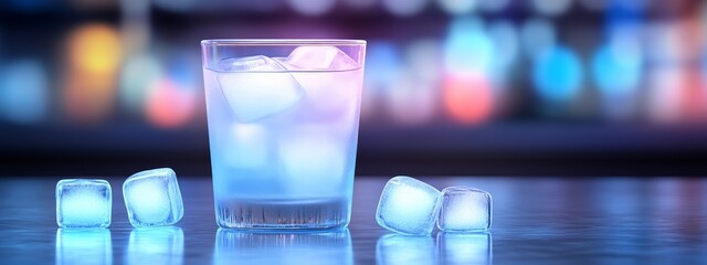 Close-up of Cocktail Glass with Ice Cubes on Bar Counter in Nightclub, Highlighted by Blue Neon Lights, Creating a Trendy and Vibrant Nightlife Atmosphere.