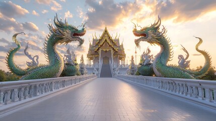 Fototapeta premium Tranquil Temple Courtyard Bridge with Mosaic Dragons and Pastel Sky - Ultra-Detailed Thai Architecture Cinematic Image