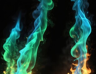 Fototapeta premium Glowing blue and green flames against a dark background, green, blue, abstract
