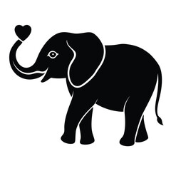Fototapeta premium Adorable Black Silhouette Baby Elephant with Heart-Shaped Trunk: Cute Animal Vector Illustration, Clipart, Graphic Design