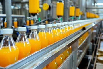 Plastic bottles filling with orange juice on a conveyor belt in a beverage factory