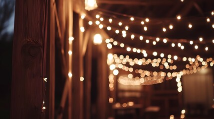 Warmly lit outdoor space, cozy ambiance created by string lights, ideal for gatherings or celebrations, inviting atmosphere.