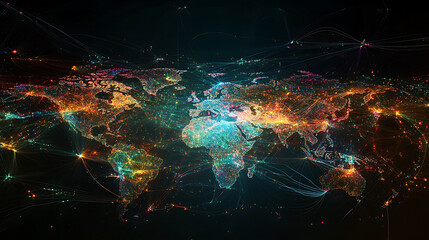 A glowing digital map displaying intricate visions of global connectivity. (3)