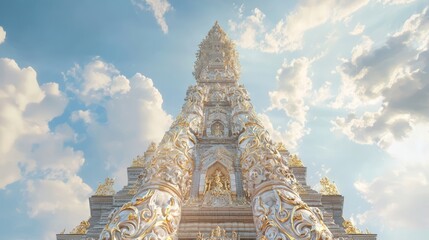 Fototapeta premium Majestic Thai Monastery Spire with Gilded Swirling Motifs - Cinematic Ultra-Detailed Architecture Shot