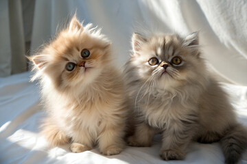 Two Persian kittens on white background. Persian kittens sitting in sunlight. Studio photo. 