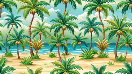 Palm tree seamless pattern vector with coconut trees against a tropical island summer background, featuring lush greenery and warm sandy beaches, island illustration, vector art