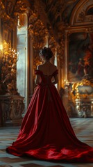 Elegant figure in a crimson gown, illuminated by soft candlelight, standing in a richly decorated chamber with intricate oil-paint details. .