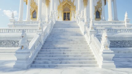 Obraz premium Majestic Marble Staircase with Guardian Carvings in Thai Temple - Cinematic Architectural Grandeur