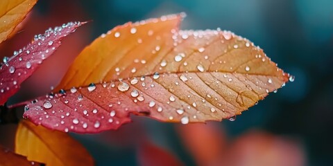 A close-up of raindrops on colorful leaves during autumn