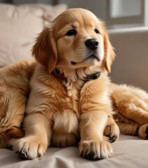 Golden retriever puppy curled up on someone's lap with paws wrapped around body, puppy, curled up