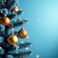 Golden ornaments hanging from a blue and white Christmas tree, white, twinkling lights, blue