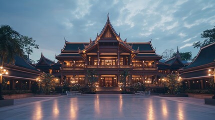 Fototapeta premium Illuminated Angular Boutique Hotel Facade with Thai Temple Architecture Influence - Cinematic Image of Layered Eaves