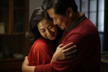 Chinese couple hugging adult love.