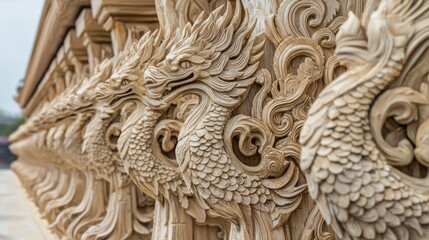 Ornate Hand-Carved Wooden Apex Ornaments with Phoenix Tail Designs in Thai Architecture