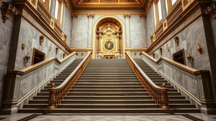 Naklejka premium Grand staircase leading up to the main altar, adorned with gilded railings and intricately carved banisters, banisters, ornate details, altar