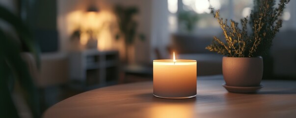 Cozy interior with lit candle and potted plant on wooden table