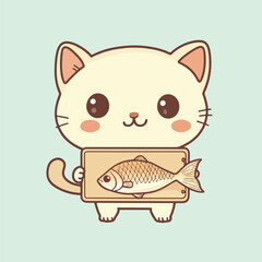 Cute cartoon cat with big eyes holding a fish vector illustration