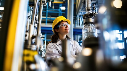 A chemical process engineer designing sustainable processes for biodiesel production in a pilot plant, with reactors and biodiesel synthesis equipment visible