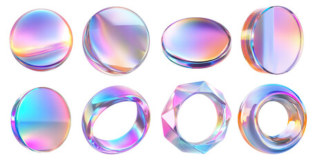 Abstract iridescent circle and ring icons. Holographic neon foil design elements.