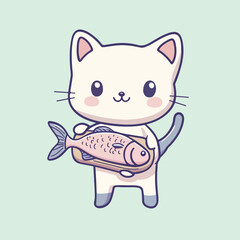 Cute cartoon cat with big eyes holding a fish vector illustration