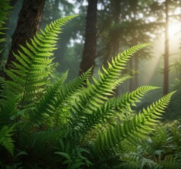 green ferns swaying gently in the morning breeze, natural textures, warm sunlight