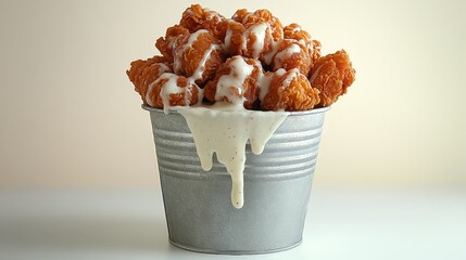A bucket overflowing with crispy fried chicken drizzled in creamy sauce.