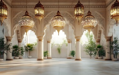 Fototapeta premium Elegant Interior of Palatial Room with Ornate Arches Hanging Lanterns and Potted Plants