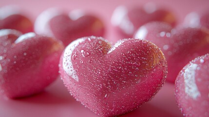 Obraz premium Bright pink hearts glisten with tiny droplets, scattered across a gentle pink canvas. This arrangement inspires feelings of affection, warmth, and subtle romance