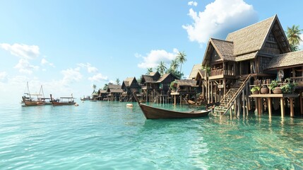 Obraz premium Tranquil Coastal Fishing Village with Ultra-Detailed Thai Architecture and Bright Moored Boats Cinematic Scene