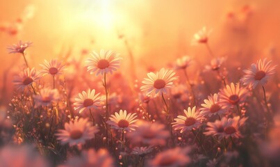 Daisy flower, field of daisies, beautiful meadow landscape in spring
