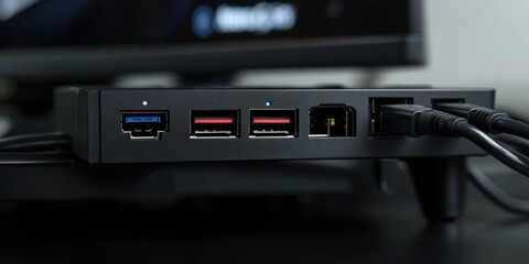 Obraz premium A close-up of USB ports and cables connected to a powerful PC