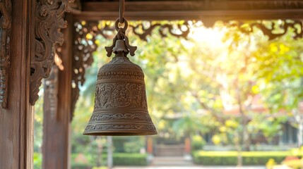 Obraz premium Glinting Brass Temple Bell in Vibrant Thai Architecture | Cinematic Image of Polished Bell on Teak Frame in Tropical Setting