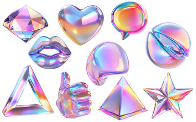 Abstract iridescent colored icon set. Holographic neon foil design elements