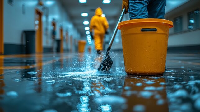 Cleaning crew mops flooded hallway