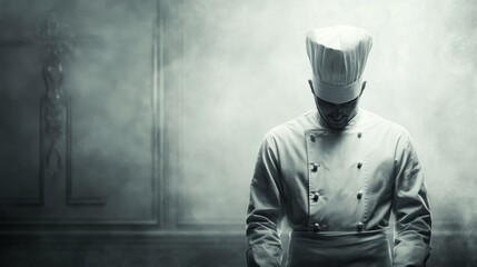 A chef in uniform, head bowed, stands in a smoky, dimly lit kitchen.