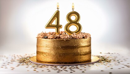 Decorated gold cake for birthday or anniversary party, candle number 48, white background