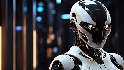 Fototapeta premium A sleek, futuristic robot with a round head and large,