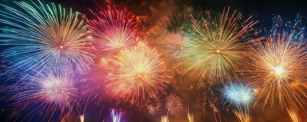 Fototapeta premium Vibrant multicolored fireworks exploding against a night sky