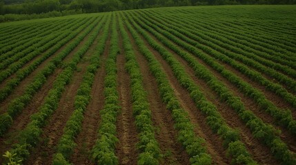 Aerial View of Lush Green Rows in Agricultural Field