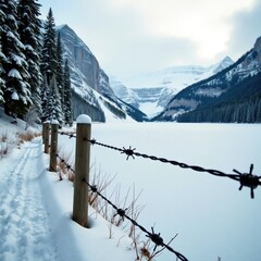 Fototapeta premium Barbed wire fence spanning a frozen lake or river in the midst of a snowy forest, barbed wire, nature, lake