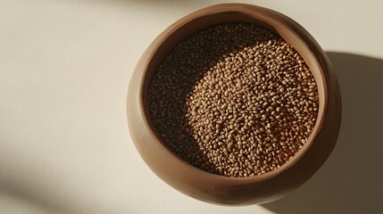Earthy Brown Seeds in Clay Bowl, Natural Food Photography