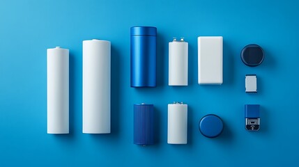 Obraz premium Top view of blue and white stationery items on blue background.