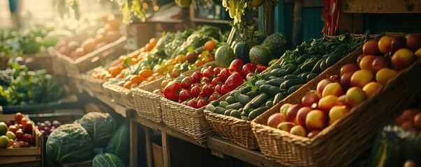 Obraz premium Vibrant farmer's market stall with fresh vegetables and fruits in baskets