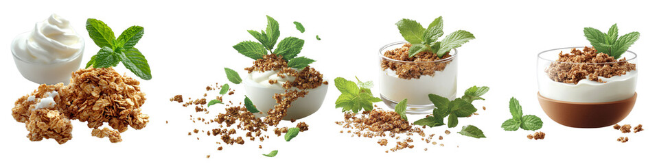 Fresh and Delicious Granola Crumble with Cream, Mint Leaves and Layered Dessert Illustration in Vector Style