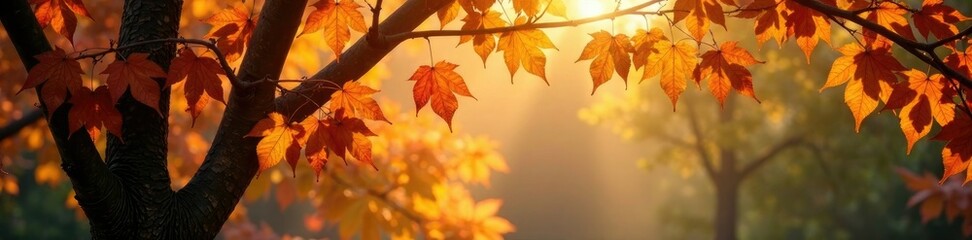 Dappled sunlight filters through autumn leaves, autumnal, foliage, brown